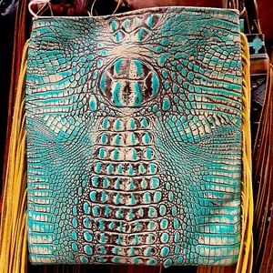 Turquoise croc leather Crossbody with yellow leather fringe